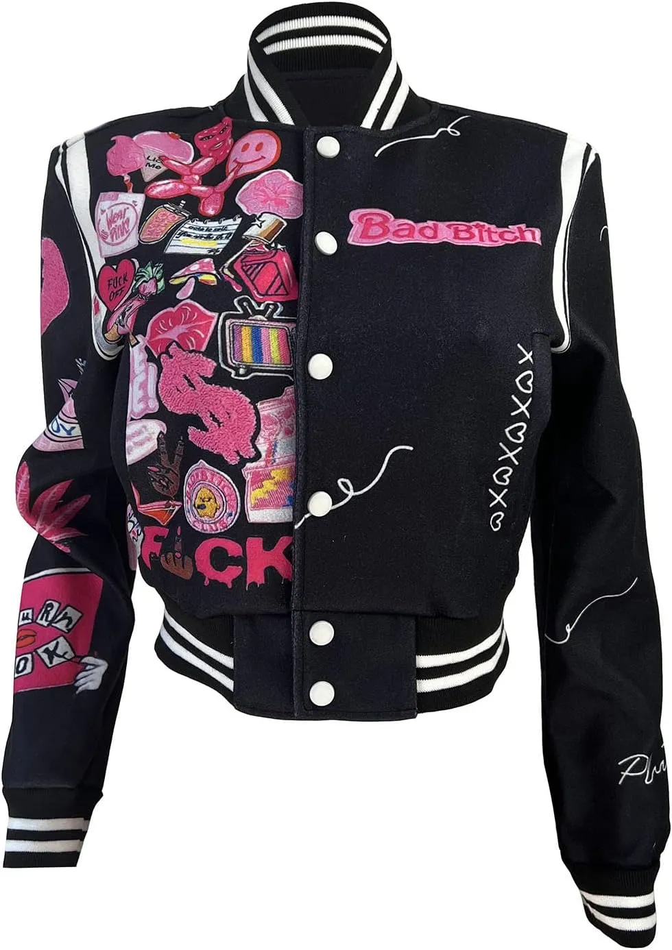 Varsity Jacket Women Print Vintage Patches Letterman Cropped Bomber Jacket Lightweight Dressy Cute Coat