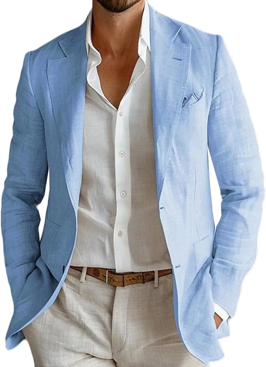VENNYNG Men's Linen Blazer Beach Wedding Casual Sport Jacket Tailored Fit Solid Colored Single Breasted Two-Buttons