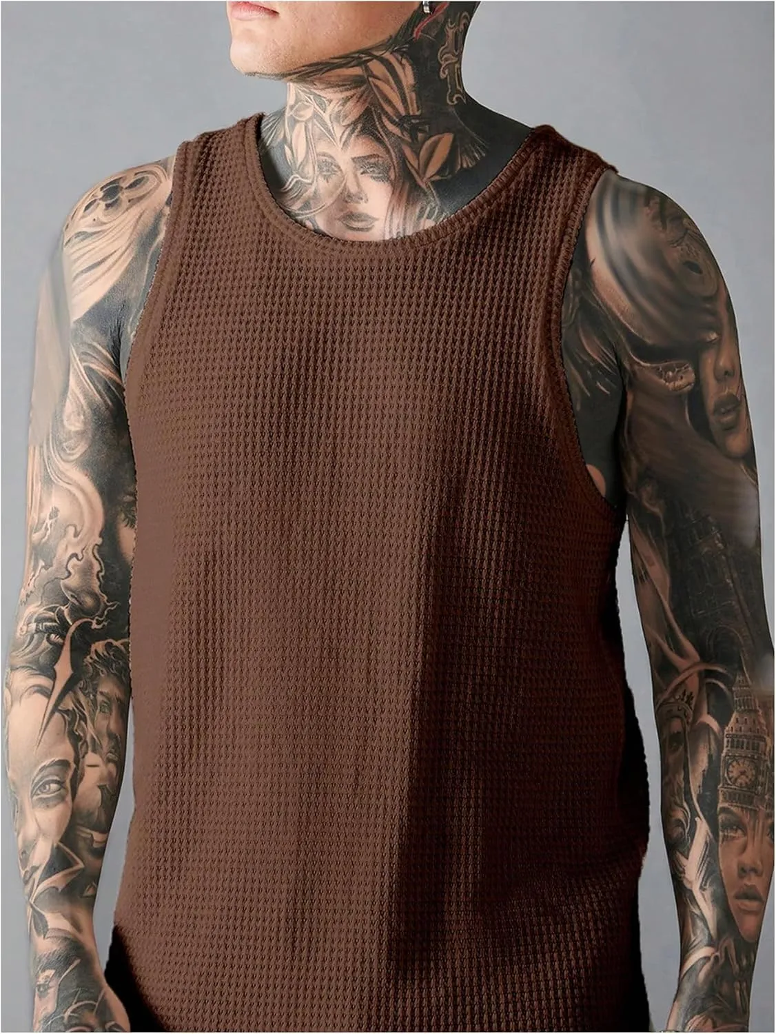 Verdusa Men's Waffle Knit Tank Top Round Neck Sleeveless Shirts