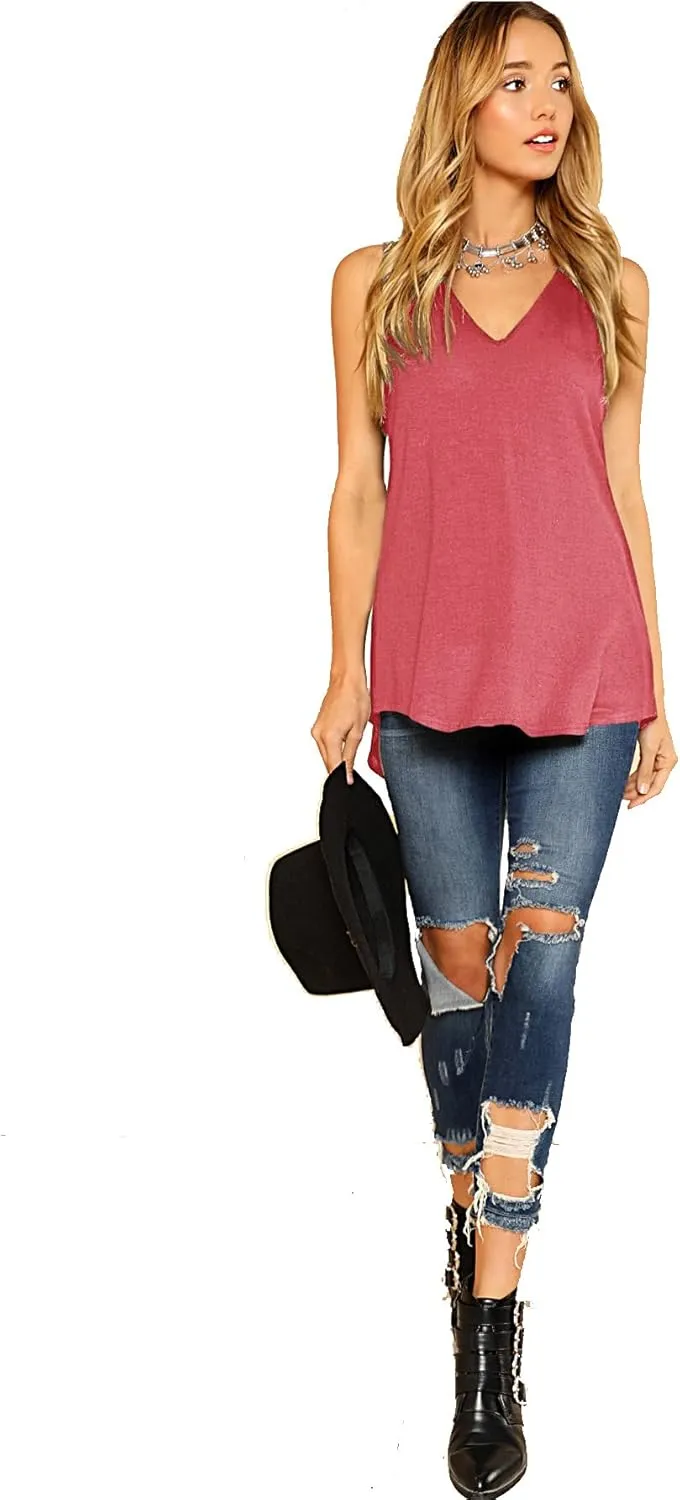 Verdusa Women's Basic V Neck Longline Dolphin Hem Loose Tunic Tank Top