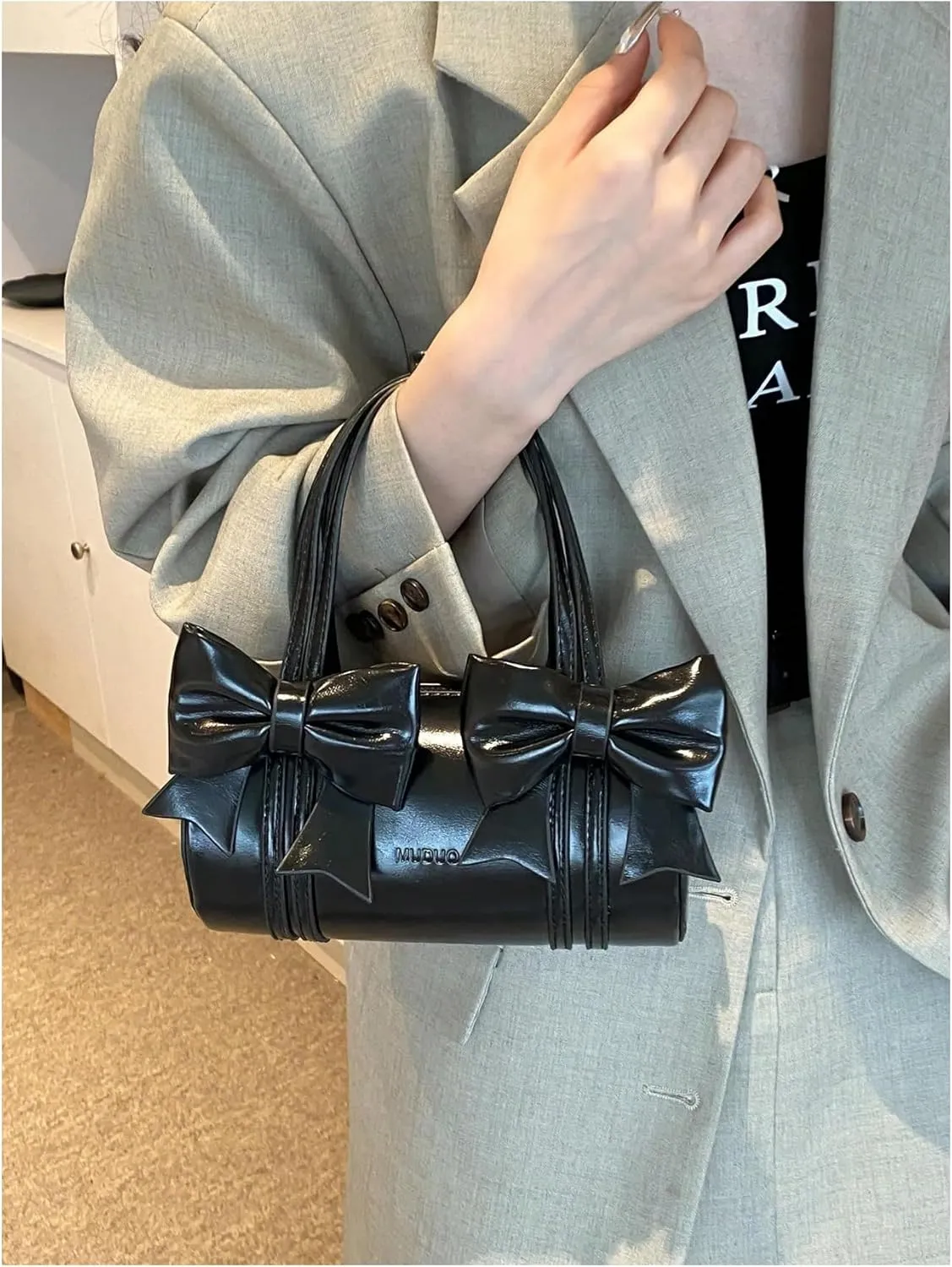 Verdusa Women's Bow Leather Barrel Purse Top Handle Double Strap Satchel Handbag