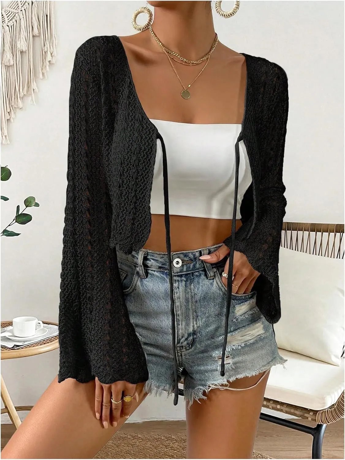 Verdusa Women's Tie Front Bell Long Sleeve Scalloped Crop Cardigan Knit Top