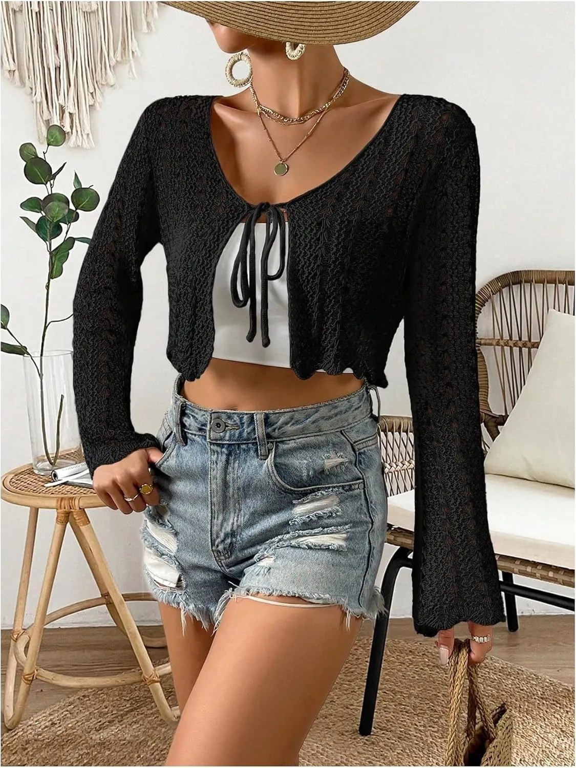 Verdusa Women's Tie Front Bell Long Sleeve Scalloped Crop Cardigan Knit Top