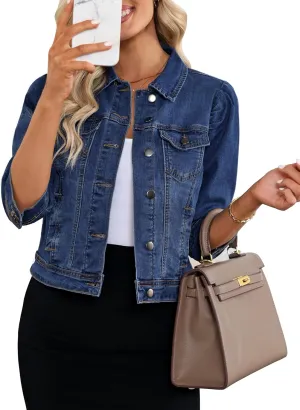 Vetinee Womens Jean Jacket Cropped Denim Jackets Stretchy 3/4 Puff Sleeve Distressed Shacket with Pockets