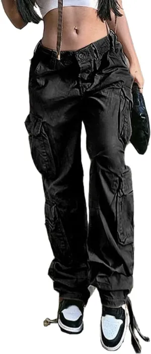 Viatabuna Women's High Rise Straight Leg Y2K Streetwear Cargo Pants Baggy Boyfriend Pants with Pocket