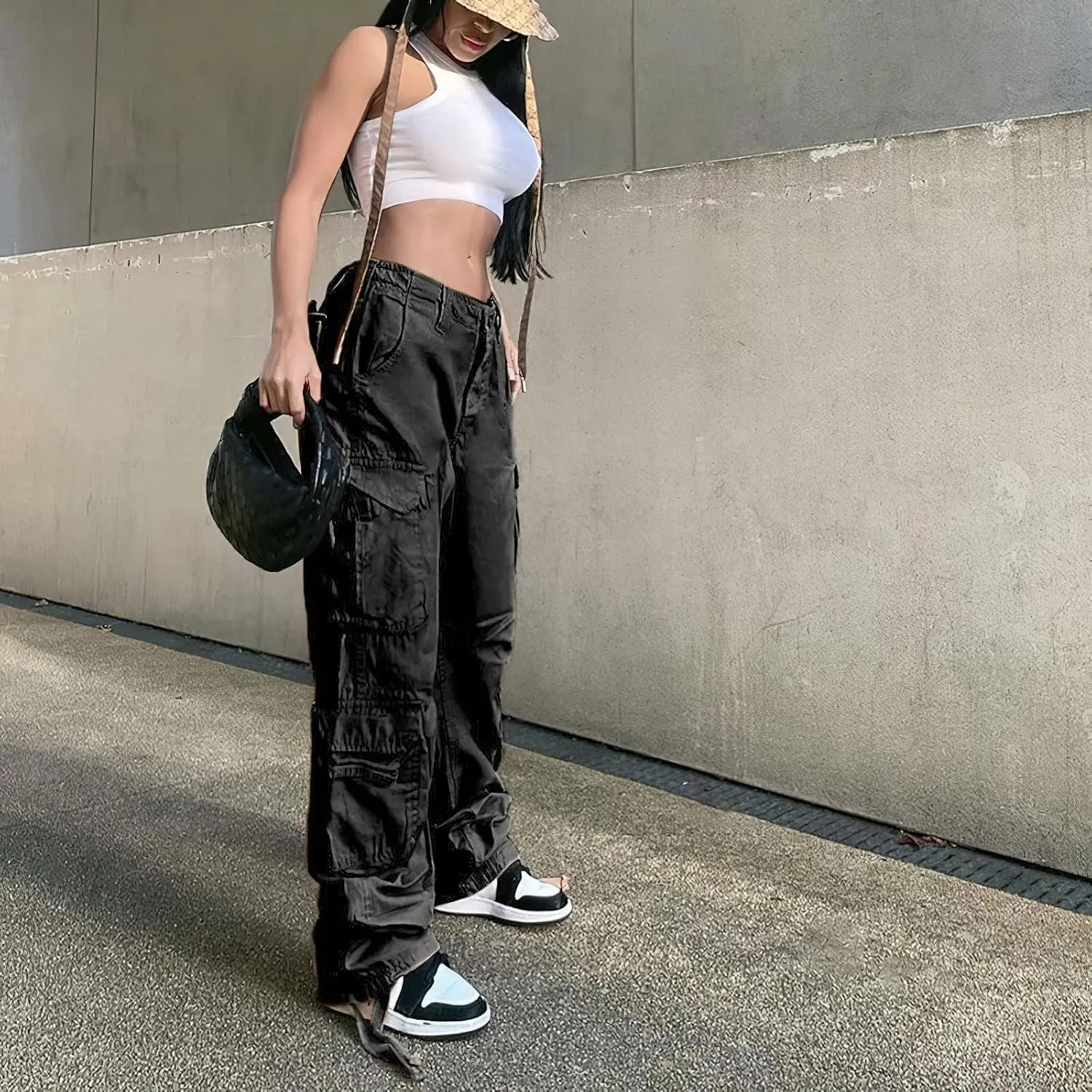 Viatabuna Women's High Rise Straight Leg Y2K Streetwear Cargo Pants Baggy Boyfriend Pants with Pocket