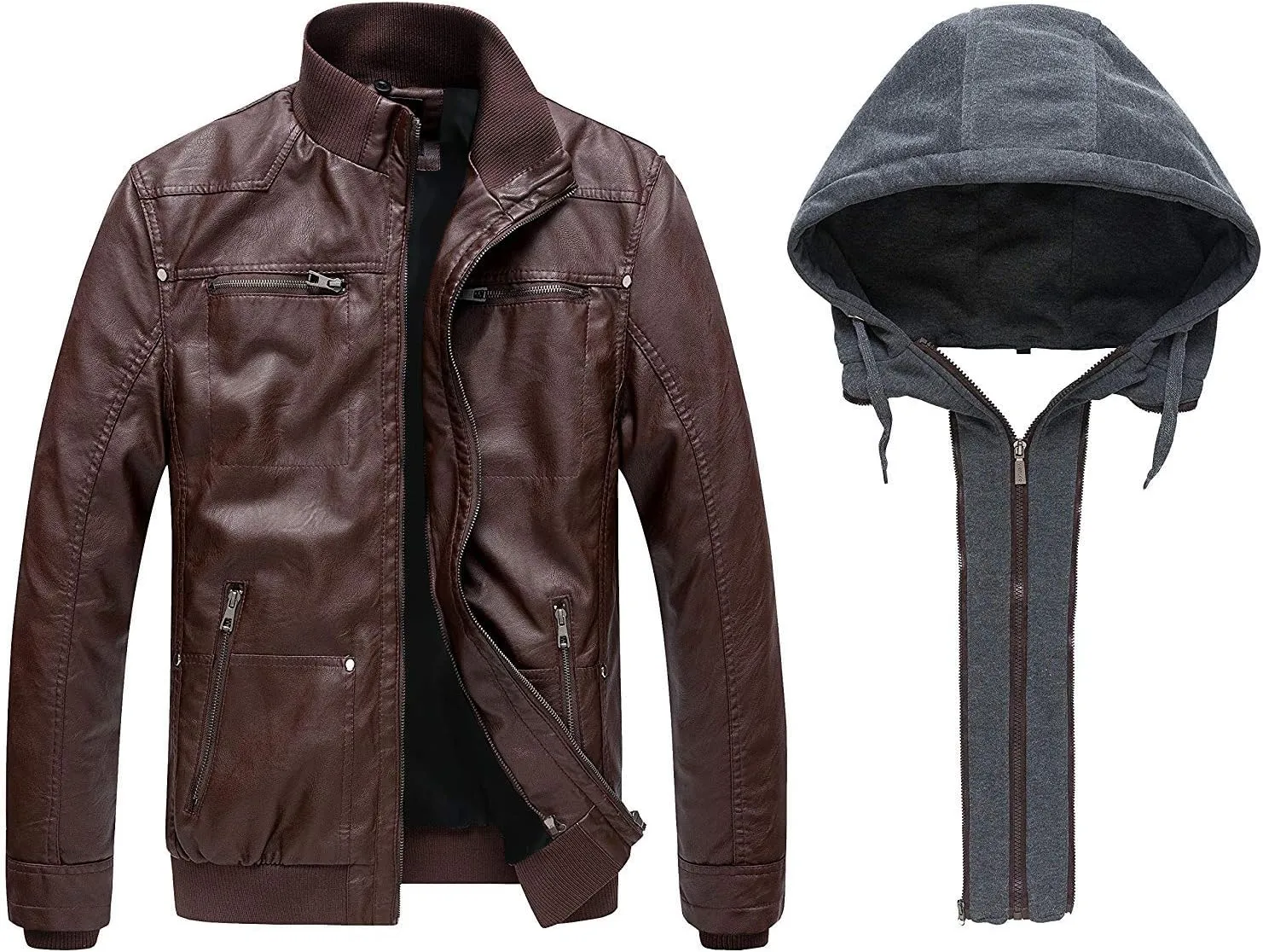 wantdo Men's Faux Leather Jacket with Removable Hood Motorcycle Jacket Casual Warm Winter Coat