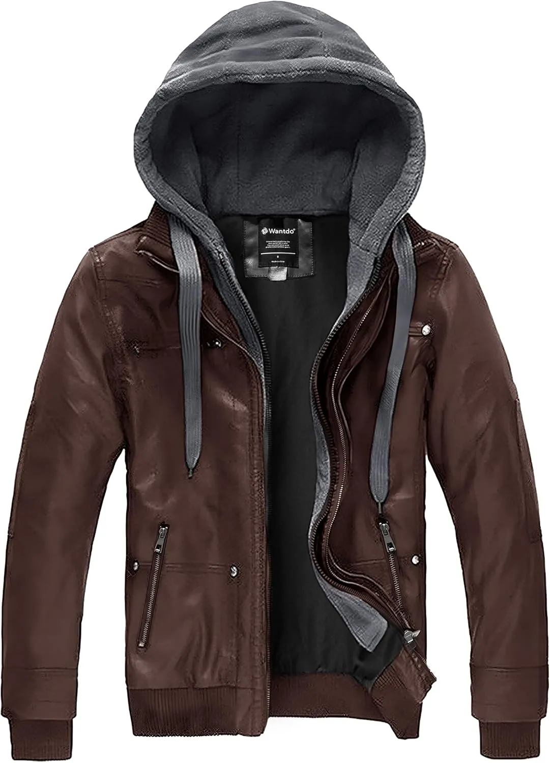 wantdo Men's Faux Leather Jacket with Removable Hood Motorcycle Jacket Casual Warm Winter Coat