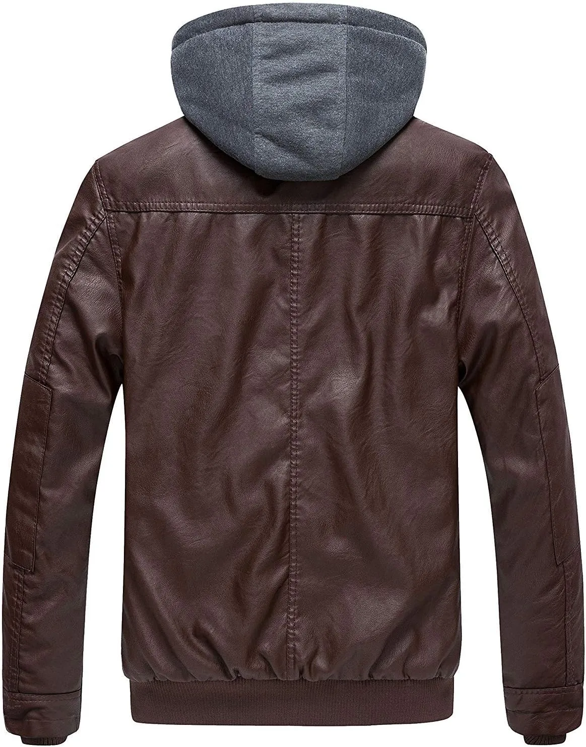wantdo Men's Faux Leather Jacket with Removable Hood Motorcycle Jacket Casual Warm Winter Coat