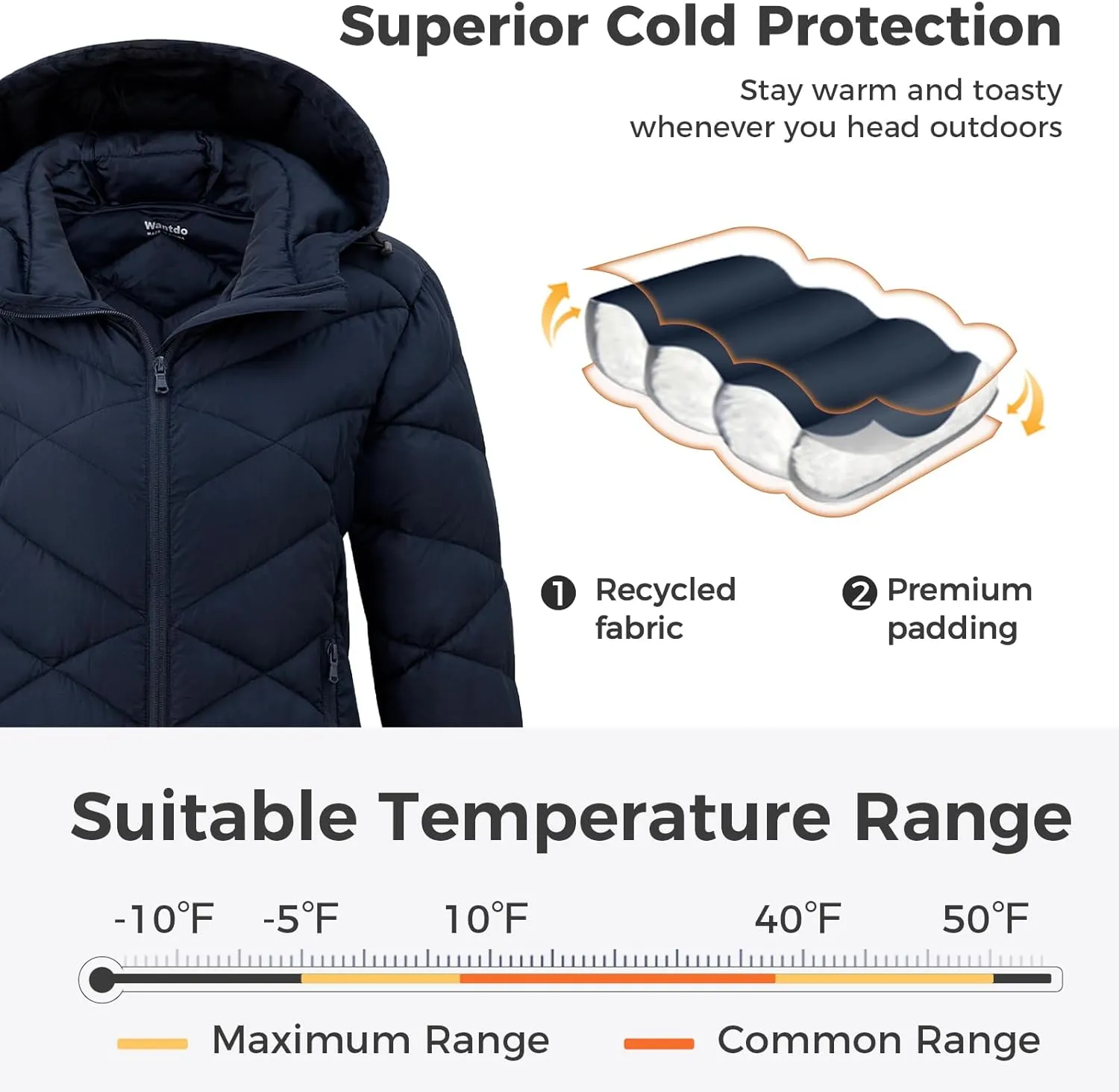 Wantdo Women's Packable Down Jacket Light Weight Puffer Coat Hip-Length Winter Coat
