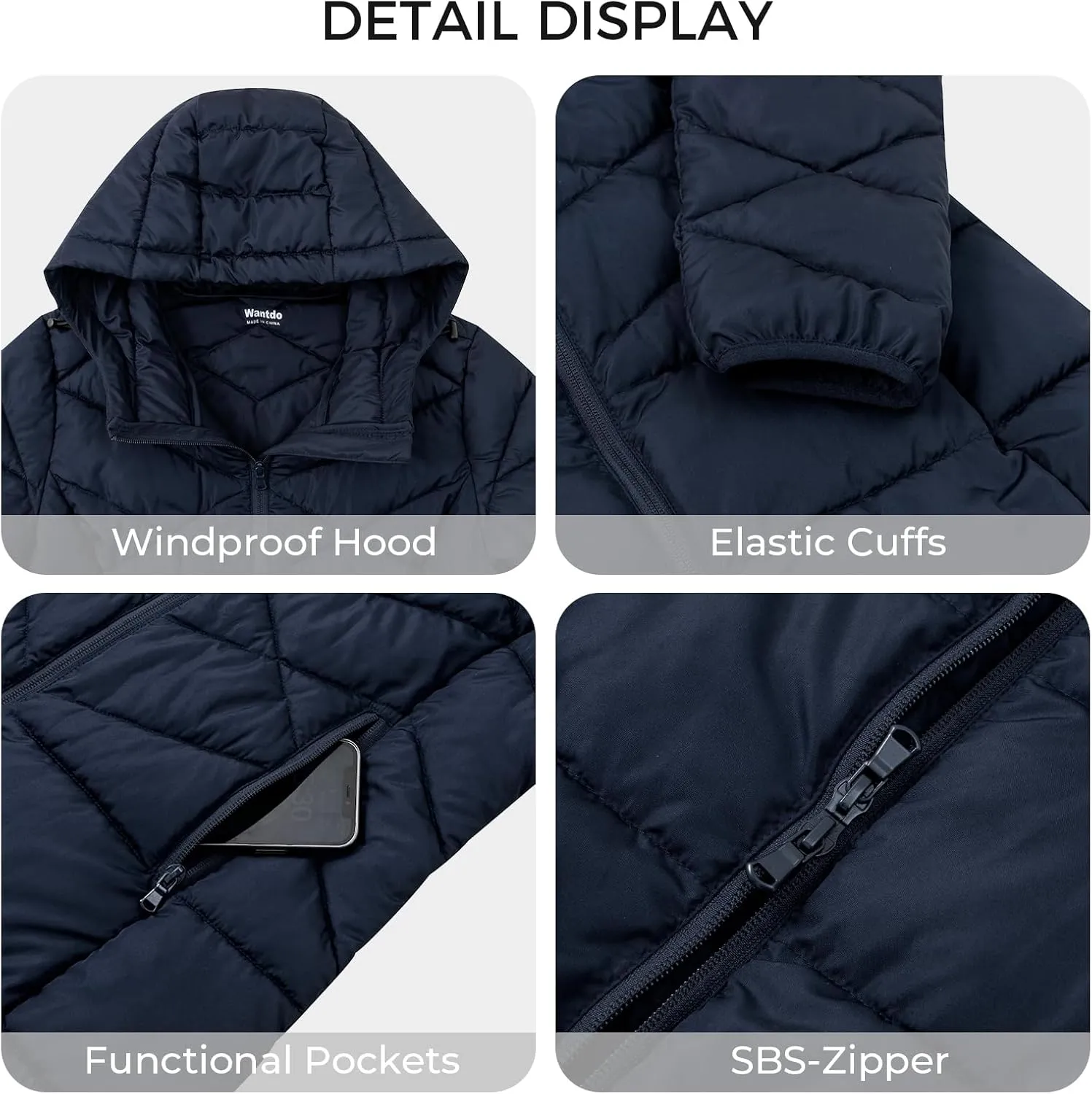 Wantdo Women's Packable Down Jacket Light Weight Puffer Coat Hip-Length Winter Coat