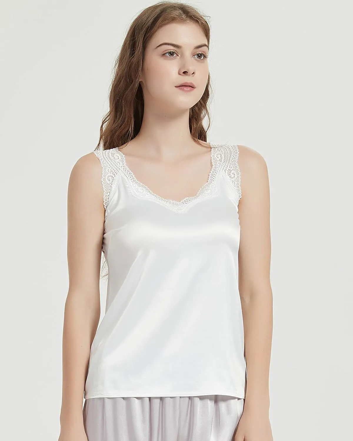 Wantschun Womens Satin Silk Camisole Lace Straps Tank Top Cami V-Neck