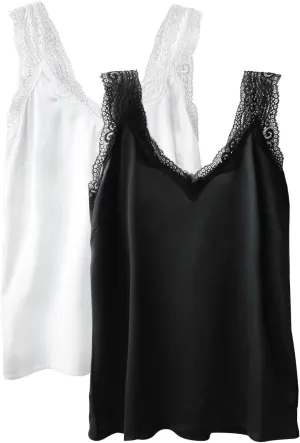 Wantschun Womens Satin Silk Camisole Lace Straps Tank Top Cami V-Neck