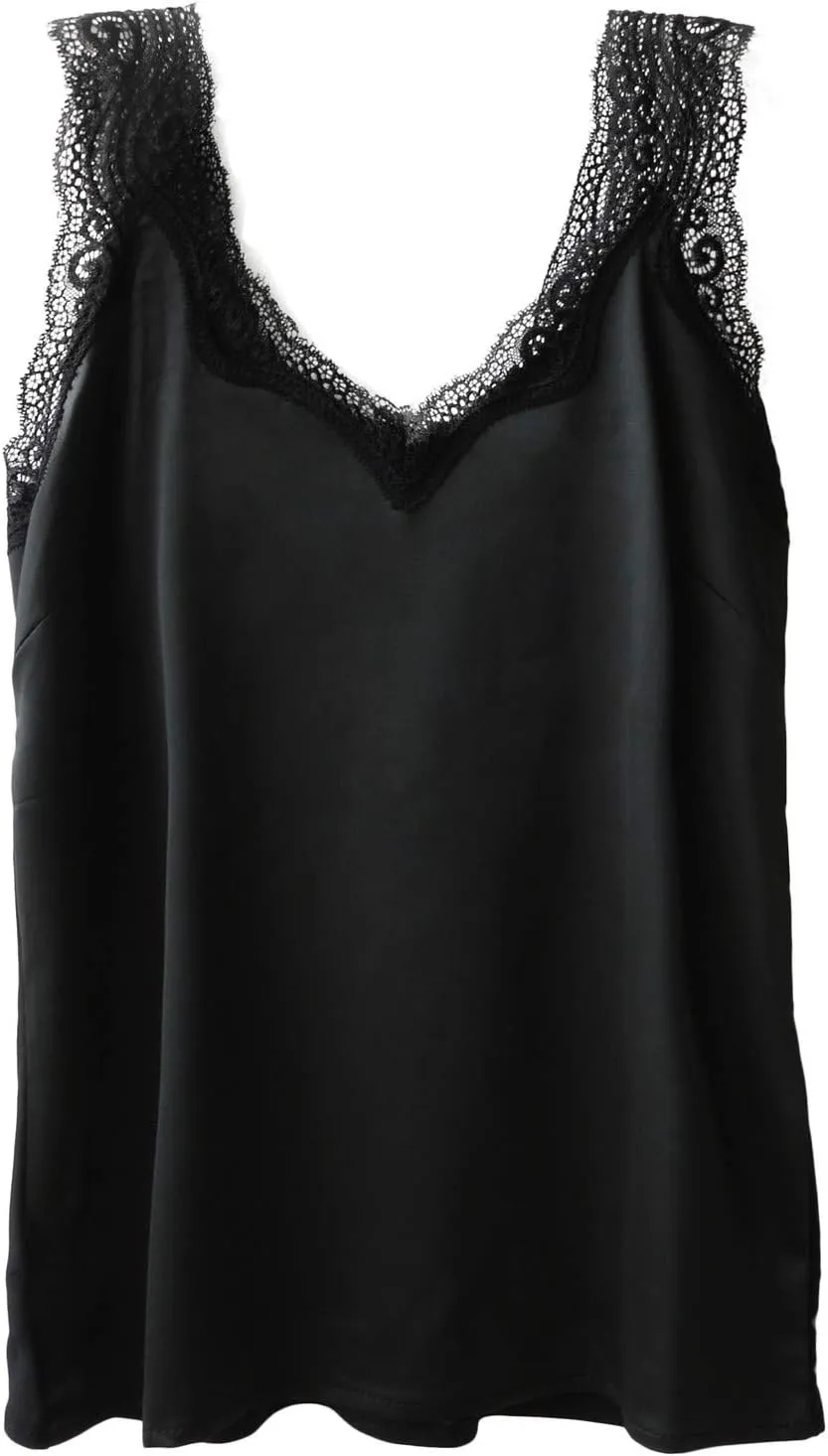 Wantschun Womens Satin Silk Camisole Lace Straps Tank Top Cami V-Neck