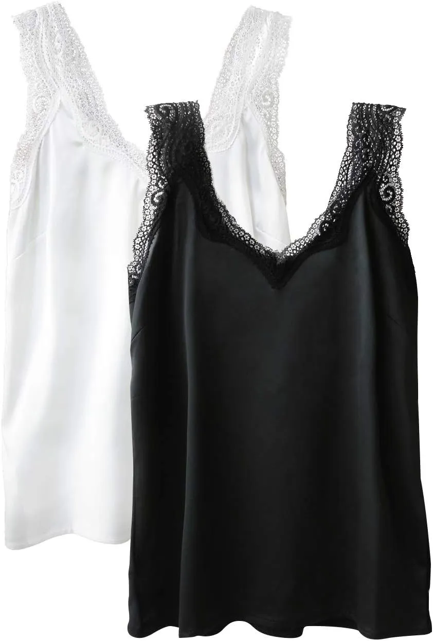 Wantschun Womens Satin Silk Camisole Lace Straps Tank Top Cami V-Neck