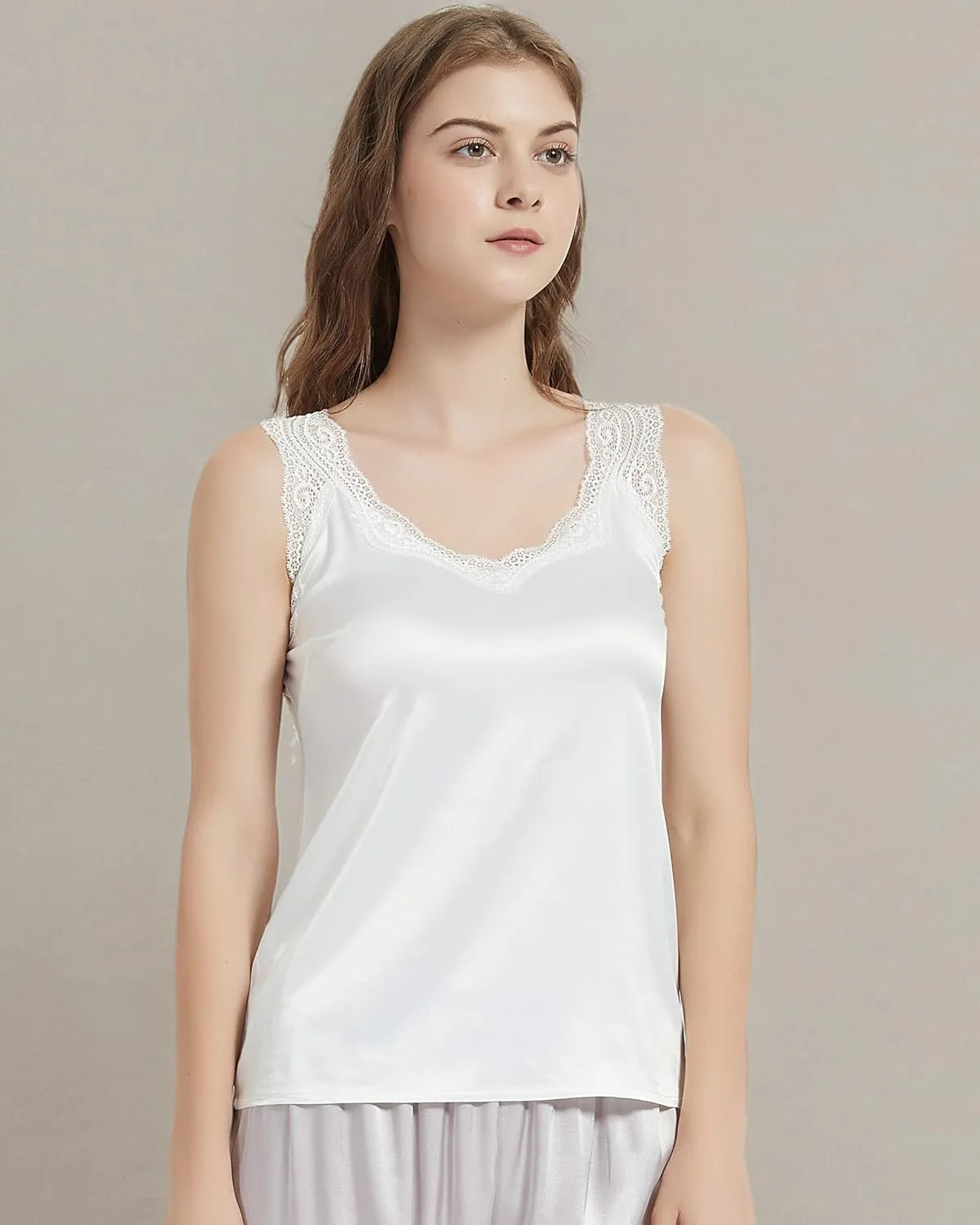 Wantschun Womens Satin Silk Camisole Lace Straps Tank Top Cami V-Neck