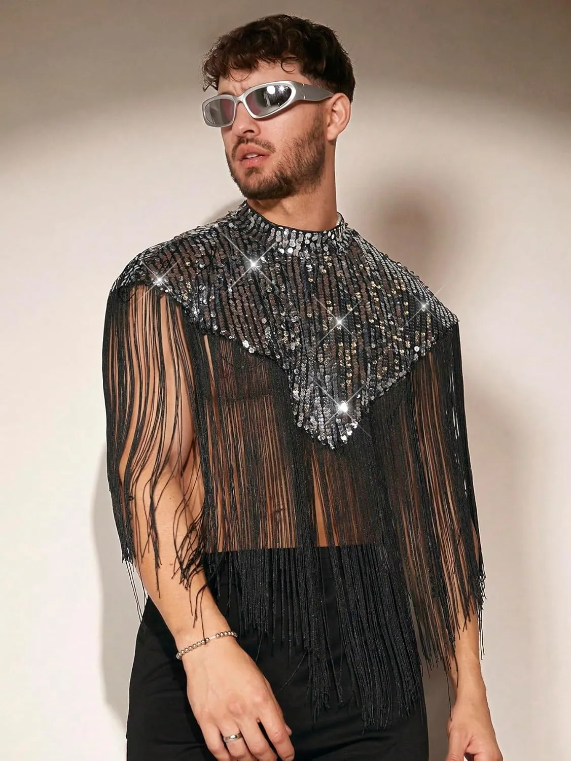 WDIRARA Men's Fringe Trim Mock Neck Sleeveless Sequin Party Hooded Vest Top
