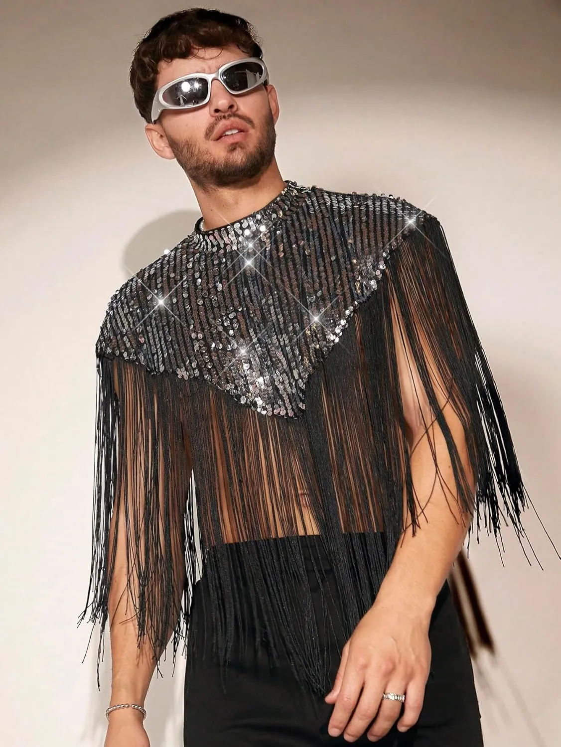 WDIRARA Men's Fringe Trim Mock Neck Sleeveless Sequin Party Hooded Vest Top