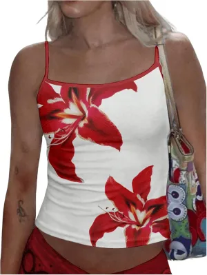WDIRARA Women's Floral Print Cami Top Spaghetti Strap Crop Tops Flowers Camisole