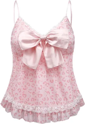 WDIRARA Women's Leopard Print Lace Ruffle Trim Cami Top Sleeveless Bow Front Camisole