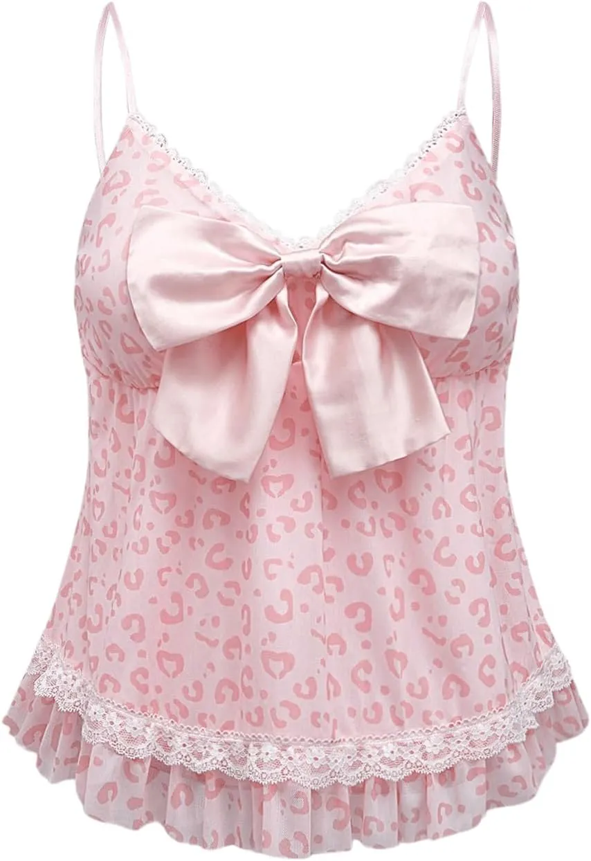 WDIRARA Women's Leopard Print Lace Ruffle Trim Cami Top Sleeveless Bow Front Camisole
