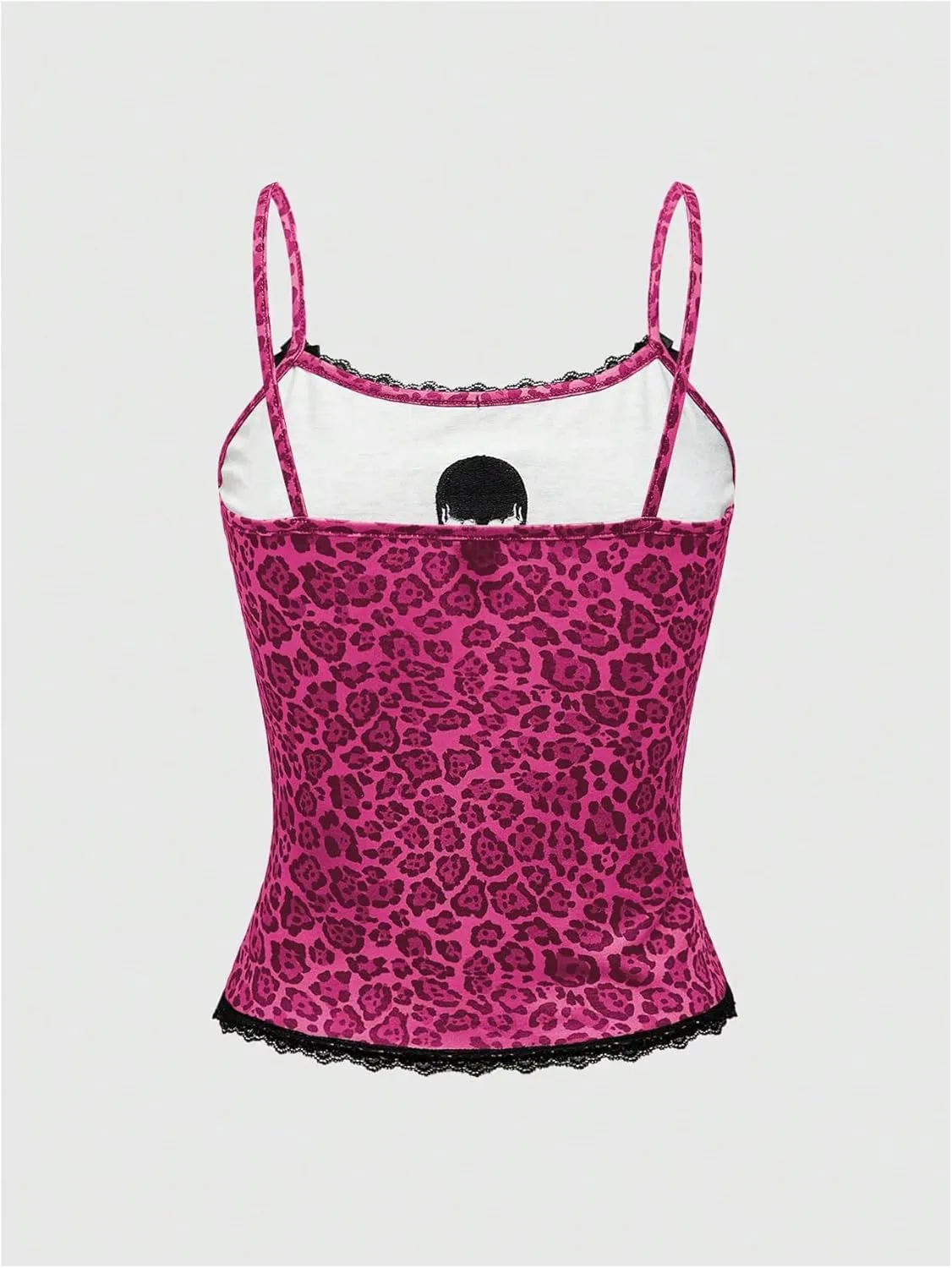WDIRARA Women's Leopard Skull Cami Top Bow Lace Trim Spaghetti Strap Camisole