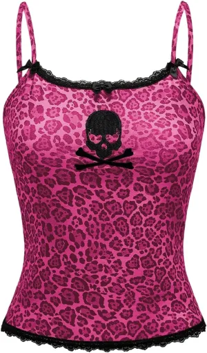 WDIRARA Women's Leopard Skull Cami Top Bow Lace Trim Spaghetti Strap Camisole