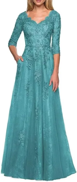 Wedding Guest Mother of The Bride Dress 3/4 Sleeves Tulle Lace Appliques Dresses Long Evening Dresses