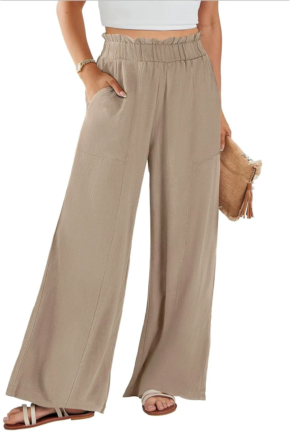 Wide Leg Linen Pants for Women Elastic High Waist Palazzo Pants Summer Casual Flowy Boho Beach Trousers with Pockets