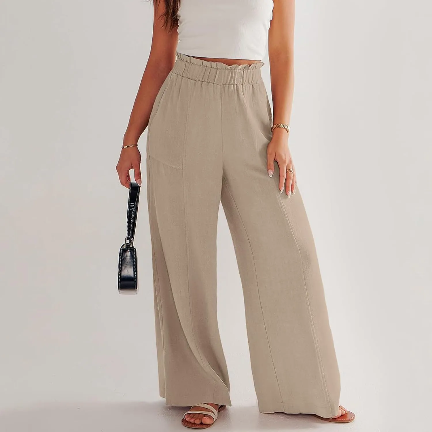 Wide Leg Linen Pants for Women Elastic High Waist Palazzo Pants Summer Casual Flowy Boho Beach Trousers with Pockets