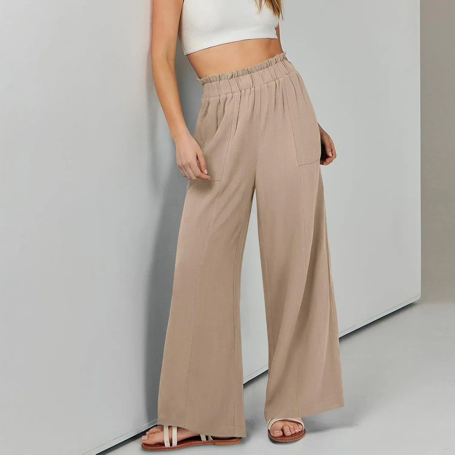 Wide Leg Linen Pants for Women Elastic High Waist Palazzo Pants Summer Casual Flowy Boho Beach Trousers with Pockets