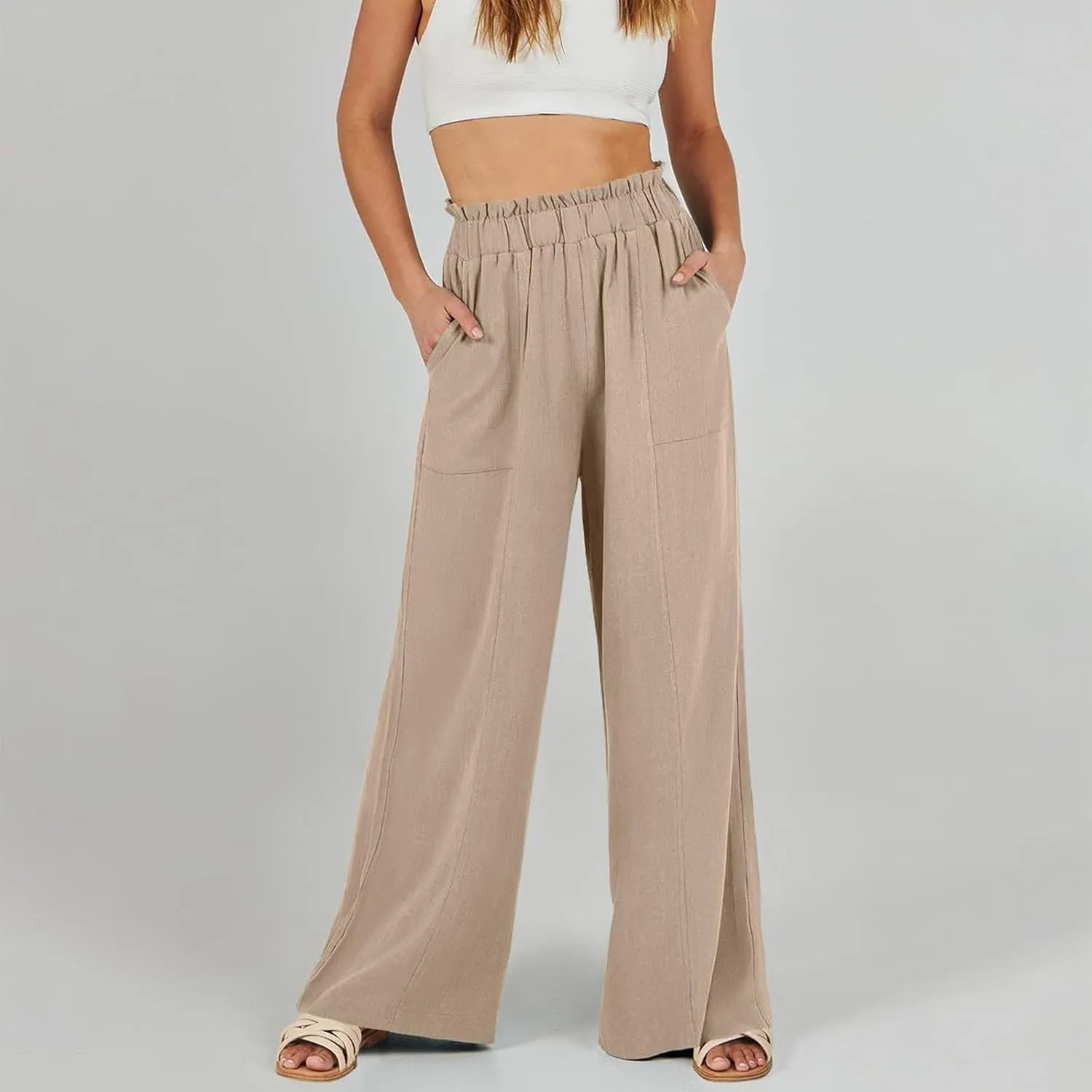 Wide Leg Linen Pants for Women Elastic High Waist Palazzo Pants Summer Casual Flowy Boho Beach Trousers with Pockets