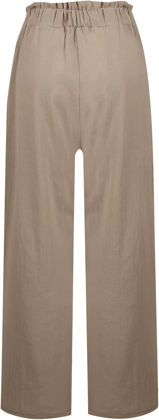 Wide Leg Linen Pants for Women Elastic High Waist Palazzo Pants Summer Casual Flowy Boho Beach Trousers with Pockets