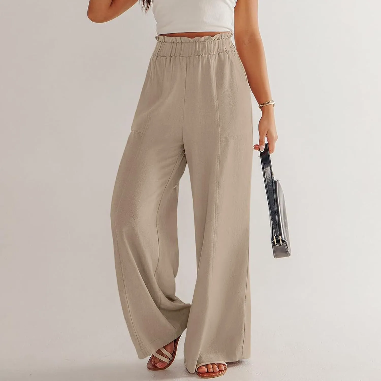Wide Leg Linen Pants for Women Elastic High Waist Palazzo Pants Summer Casual Flowy Boho Beach Trousers with Pockets