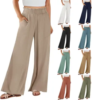 Wide Leg Linen Pants for Women Elastic High Waist Palazzo Pants Summer Casual Flowy Boho Beach Trousers with Pockets