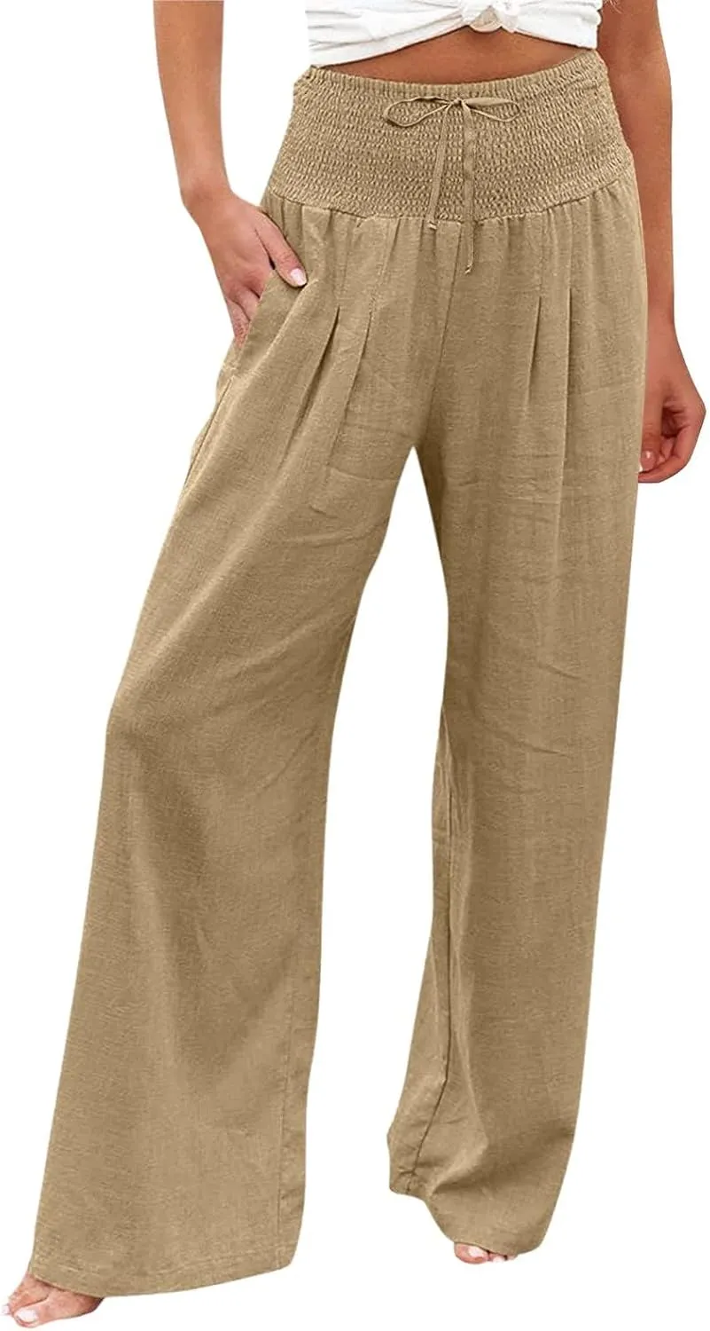 Wide Leg Linen Pants for Women Summer High Waisted Pant Palazzo Lounge Trousers Boho Beach Drawstring Pants with Pocket
