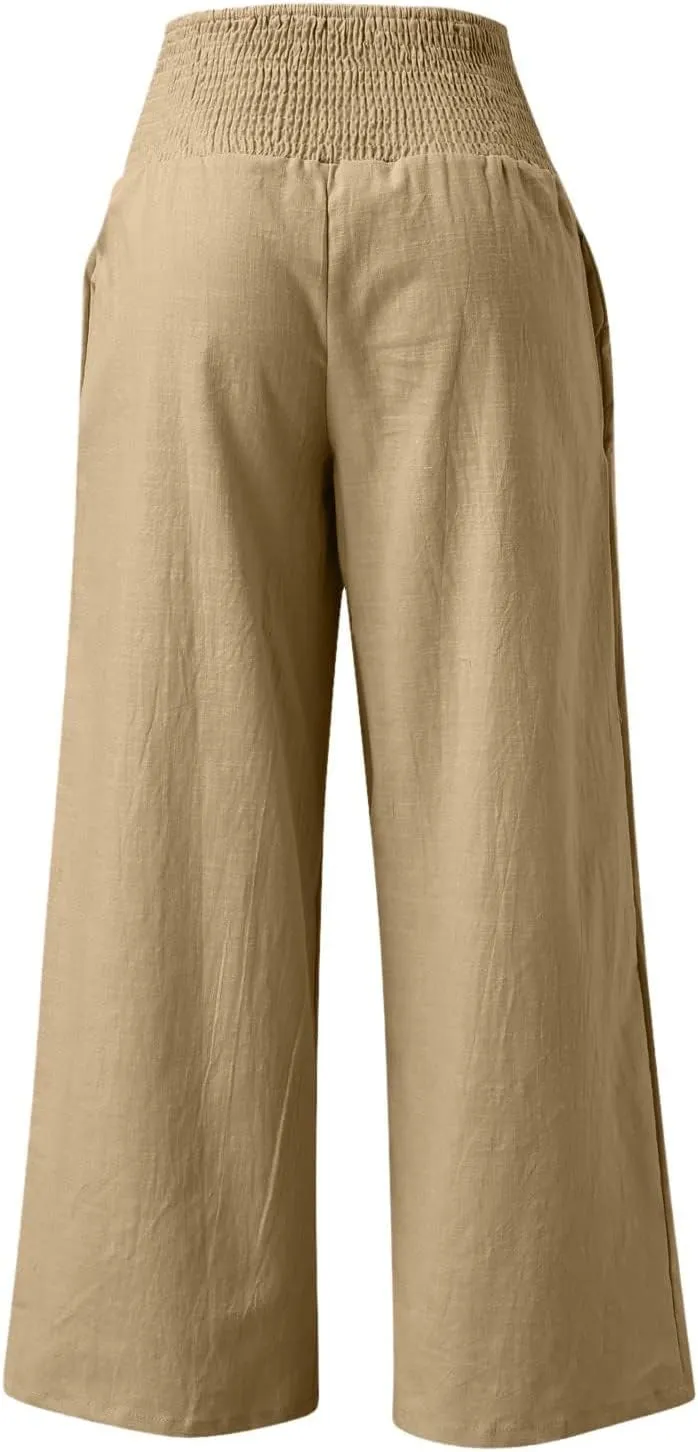 Wide Leg Linen Pants for Women Summer High Waisted Pant Palazzo Lounge Trousers Boho Beach Drawstring Pants with Pocket