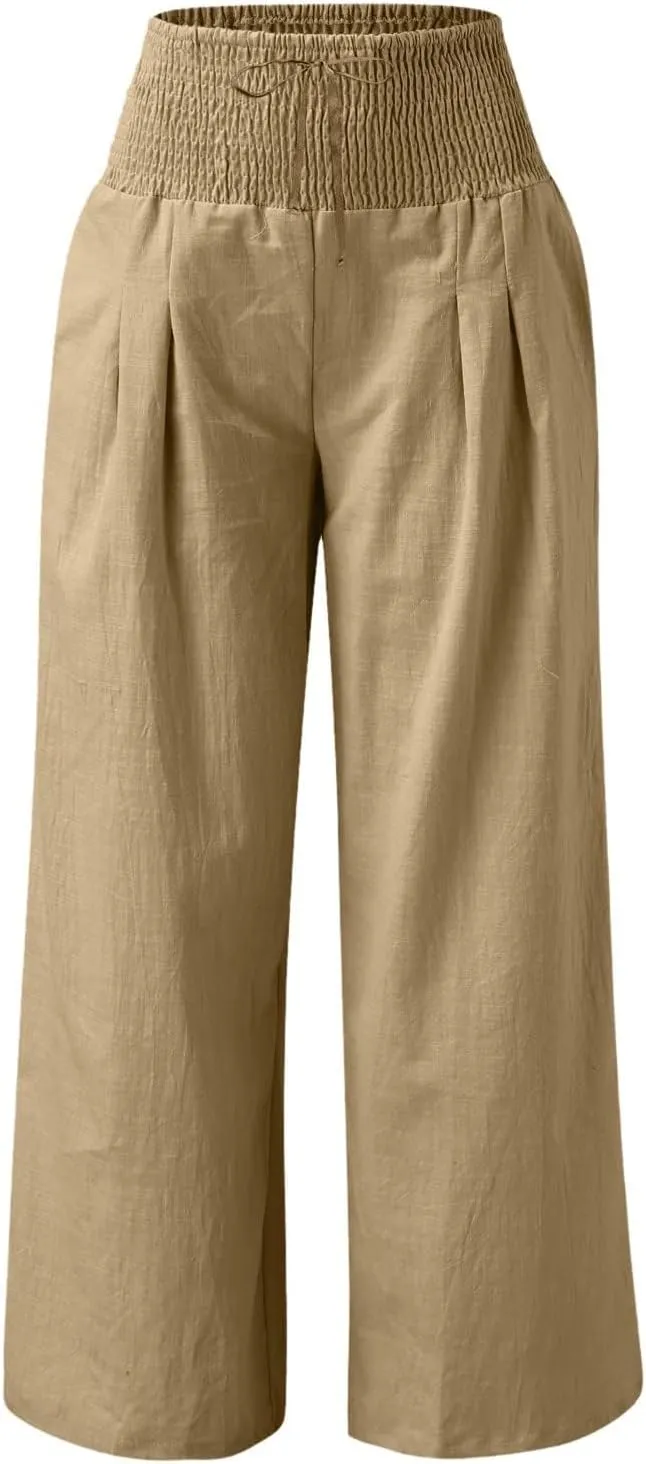 Wide Leg Linen Pants for Women Summer High Waisted Pant Palazzo Lounge Trousers Boho Beach Drawstring Pants with Pocket