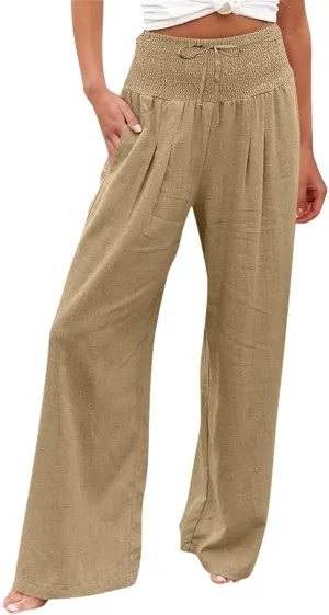 Wide Leg Linen Pants for Women Summer High Waisted Pant Palazzo Lounge Trousers Boho Beach Drawstring Pants with Pocket