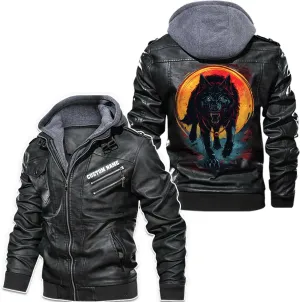 Wild Wolf with Blood Moon, Retro Wolf Biker Motorcycle Jacket, Personalized Men PU Leather Vest Coat Jackets