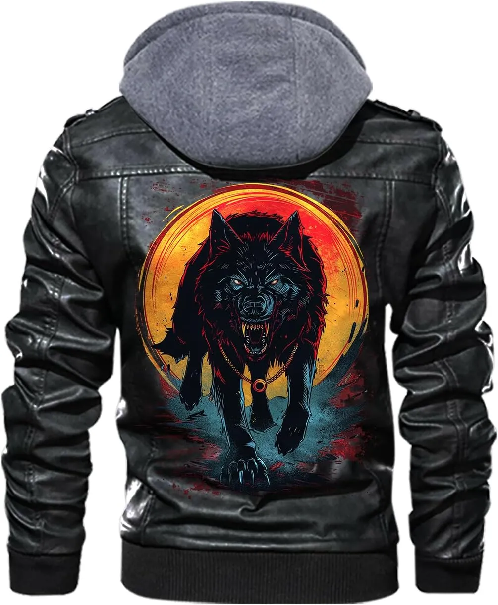 Wild Wolf with Blood Moon, Retro Wolf Biker Motorcycle Jacket, Personalized Men PU Leather Vest Coat Jackets