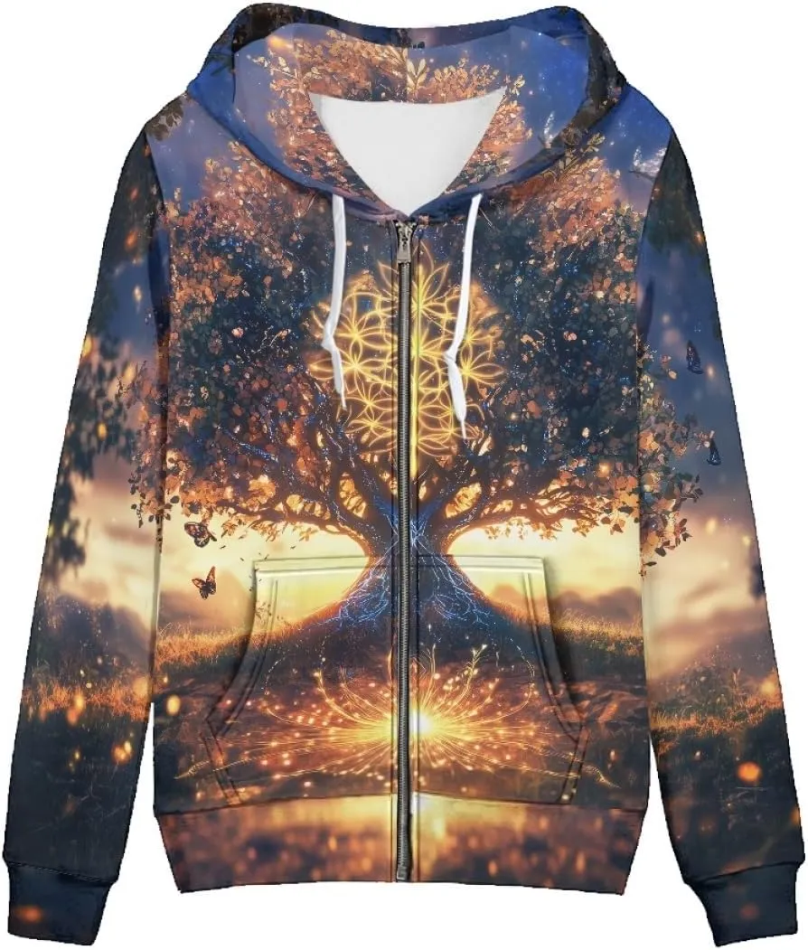 Women 3D Digital Print Viking Life Tree Zip Up Hoodie Hoodies Pullover Sweatshirt
