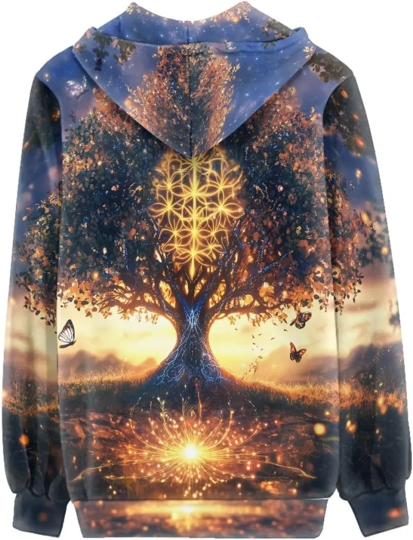 Women 3D Digital Print Viking Life Tree Zip Up Hoodie Hoodies Pullover Sweatshirt