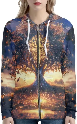 Women 3D Digital Print Viking Life Tree Zip Up Hoodie Hoodies Pullover Sweatshirt