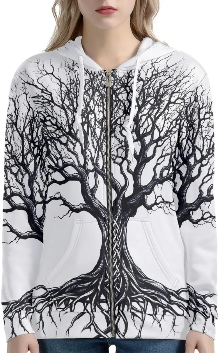 Women 3D Digital Print Viking Life Tree Zip Up Hoodie Hoodies Pullover Sweatshirt