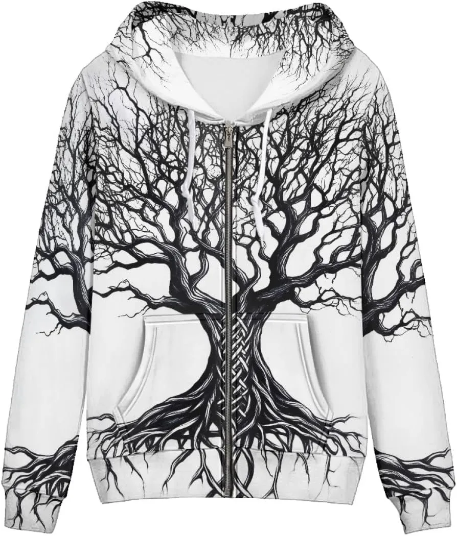 Women 3D Digital Print Viking Life Tree Zip Up Hoodie Hoodies Pullover Sweatshirt
