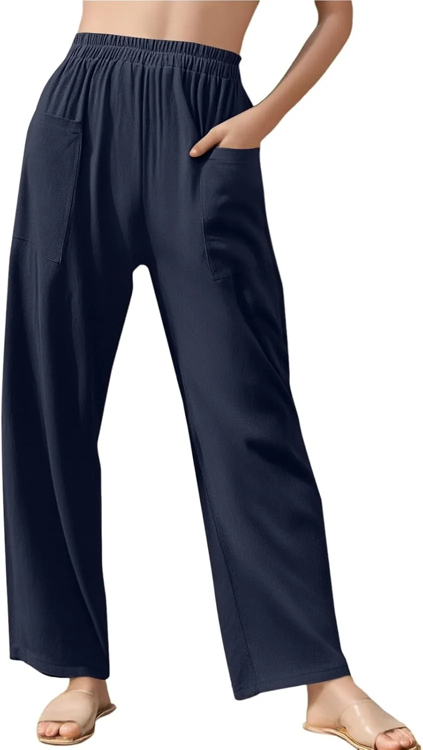 Women Beach Fashion Women Beach Fashion Women's Linen Blend High Waisted Straight Pants, Elastic Drawstring Waist