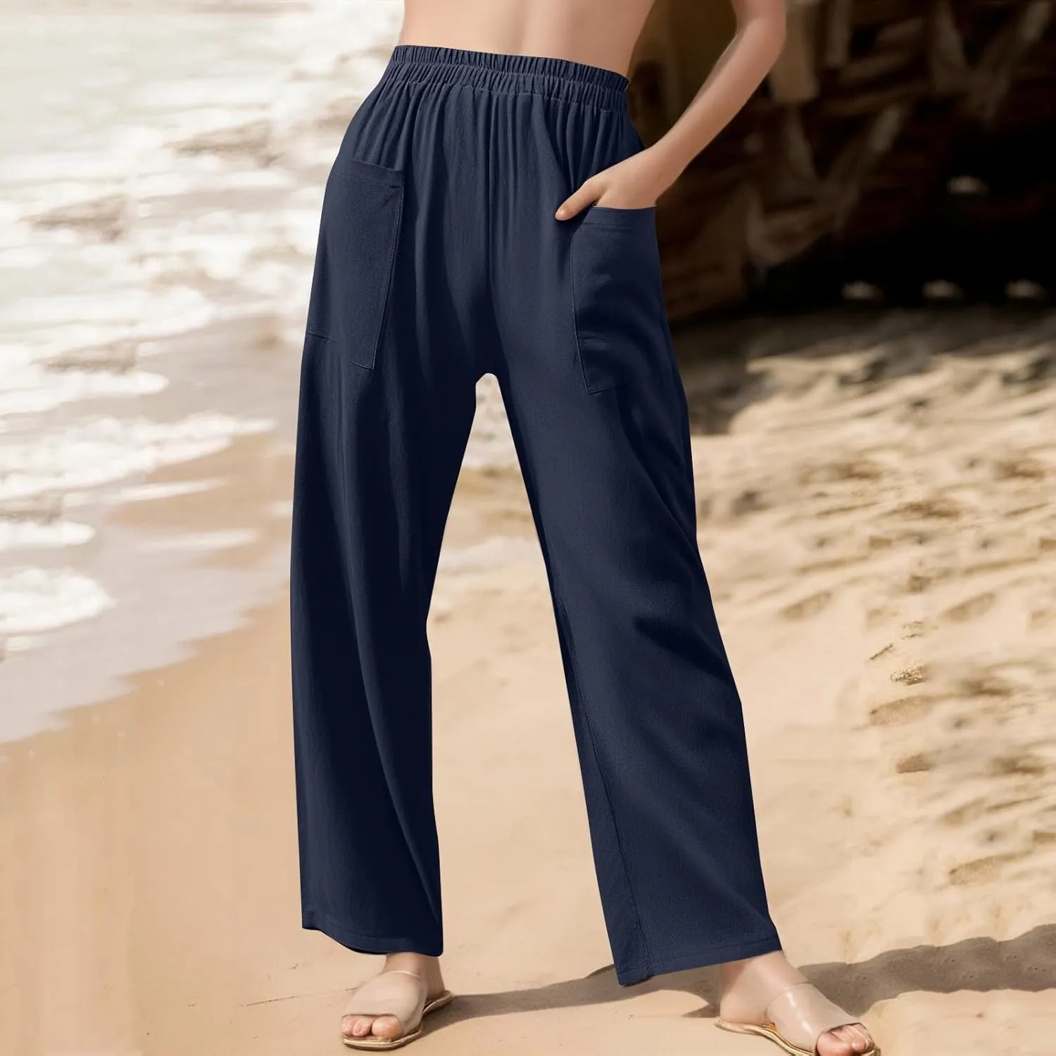 Women Beach Fashion Women Beach Fashion Women's Linen Blend High Waisted Straight Pants, Elastic Drawstring Waist