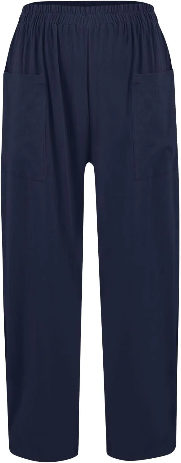 Women Beach Fashion Women Beach Fashion Women's Linen Blend High Waisted Straight Pants, Elastic Drawstring Waist