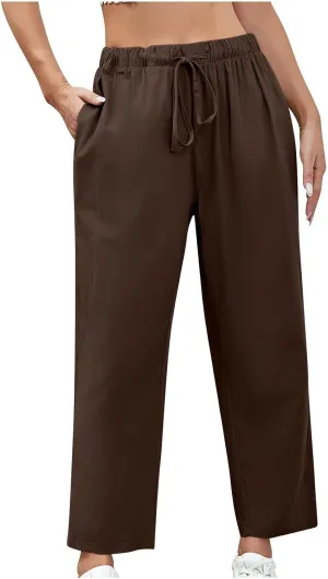 Women Cotton Linen Pants Casual Loose Wide Leg Trousers Summer Drawstring High Waist Pants with Pocket